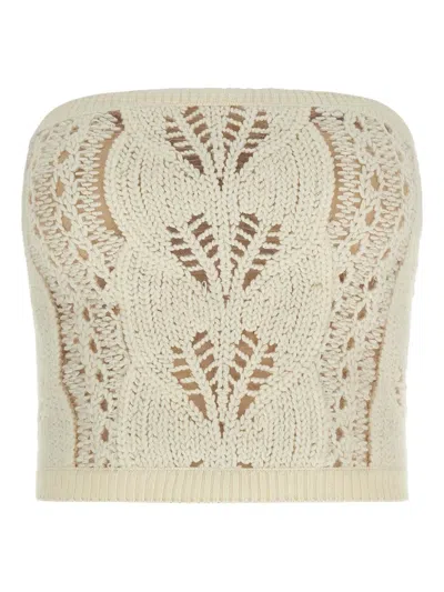 Ermanno Scervino Strapless Cropped Knit Top With Sheer Accents In White