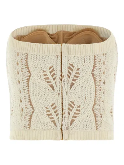 Ermanno Scervino Strapless Cropped Knit Top With Sheer Accents In White