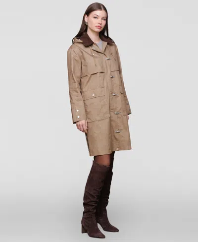 Avec Les Filles Longline Raincoat With Removable Hood In Brown