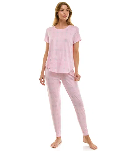 Roudelain Printed Short Sleeve Top & Jogger Pajama Set In Pink