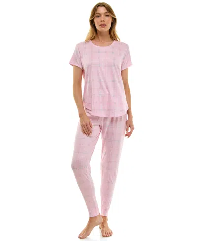 Roudelain Printed Short Sleeve Top & Jogger Pajama Set In Pink