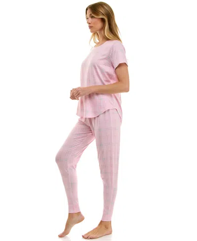 Roudelain Printed Short Sleeve Top & Jogger Pajama Set In Pink