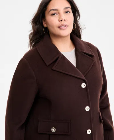 Michael Kors Michael  Plus Size Collared Button-front Coat, Exclusively At Macy's In Brown