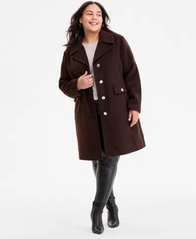 Michael Kors Michael  Plus Size Collared Button-front Coat, Exclusively At Macy's In Brown