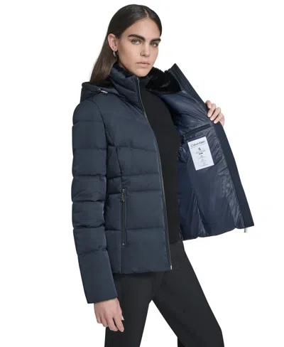 Calvin Klein Women's Faux-fur-lined Hooded Puffer Coat In Blue