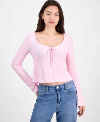 Self Esteem Self-esteem Juniors' Printed Tie-neck Rib-knit Top In Pink