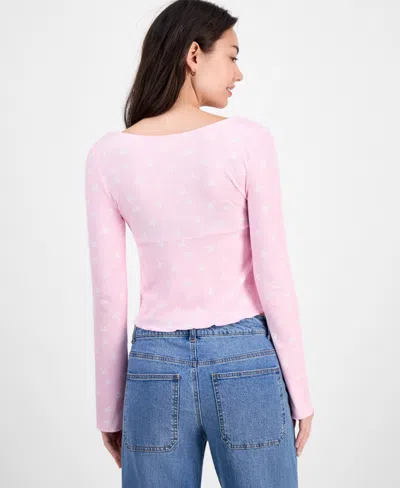 Self Esteem Self-esteem Juniors' Printed Tie-neck Rib-knit Top In Pink