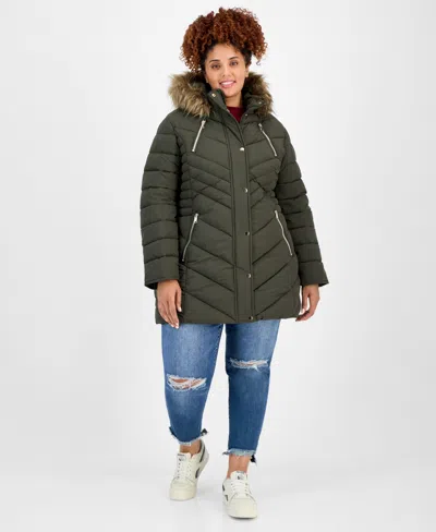 Maralyn & Me Juniors' Faux-fur Hooded Puffer Coat In Green