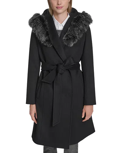 Cole Haan Slick Wool Blend Coat With Faux Fur Trim Hood In Black