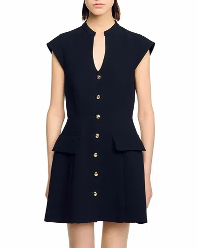 Sandro Womens Black Capped-sleeves Buttoned Knitted Mini Dress