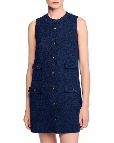 Sandro Womens Navy Blue Flap-pocket Sleeveless Tweed Mini Dress