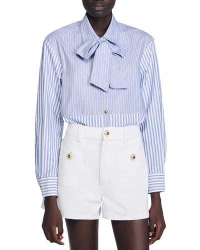 Sandro Striped Tie-neck Shirt In Blue