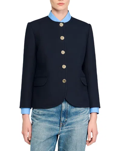 Sandro Womens Navy Blue Round-neck Side-pocket Woven Jacket