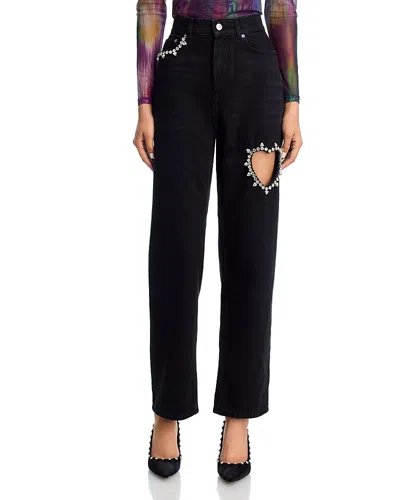 Area Crystal Heart High Rise Straight Leg Jeans In Black