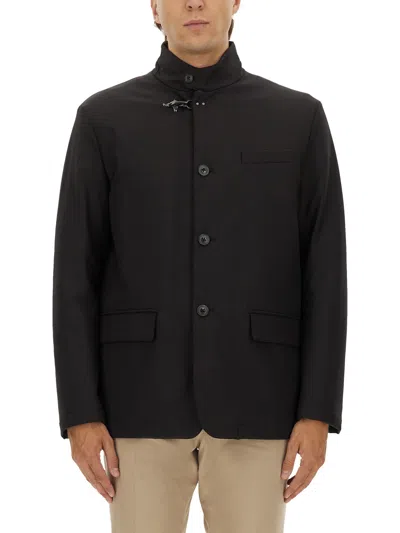 Fay High Collar Jacket With Unique Hook Closure And Flap Pockets In Black