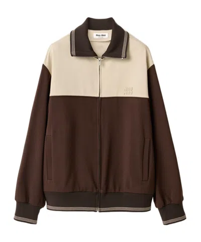 Miu Miu Knitted-cuffs Zip-front Sweatshirt In Brown