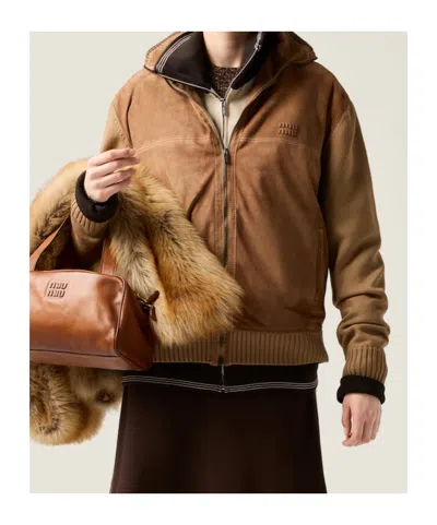 Miu Miu Knitted-cuffs Zip-front Sweatshirt In Brown