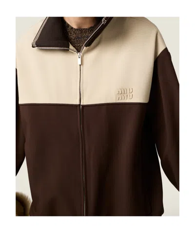 Miu Miu Knitted-cuffs Zip-front Sweatshirt In Brown