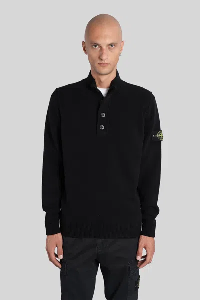 Stone Island High Collar Pullover With Buttoned Placket And Logo Patch In Black
