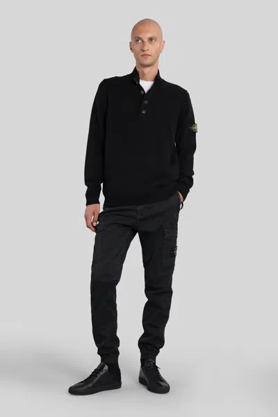 Stone Island High Collar Pullover With Buttoned Placket And Logo Patch In Black