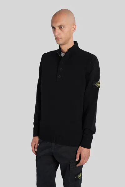 Stone Island High Collar Pullover With Buttoned Placket And Logo Patch In Black