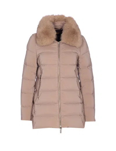 Moorer Long Padded Jacket Removable Fur Detail In Burgundy