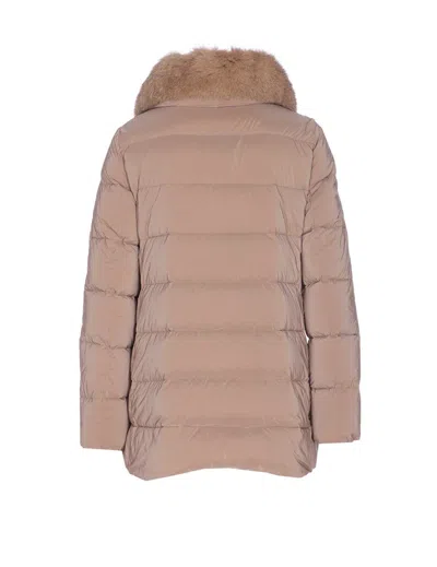 Moorer Long Padded Jacket Removable Fur Detail In Burgundy