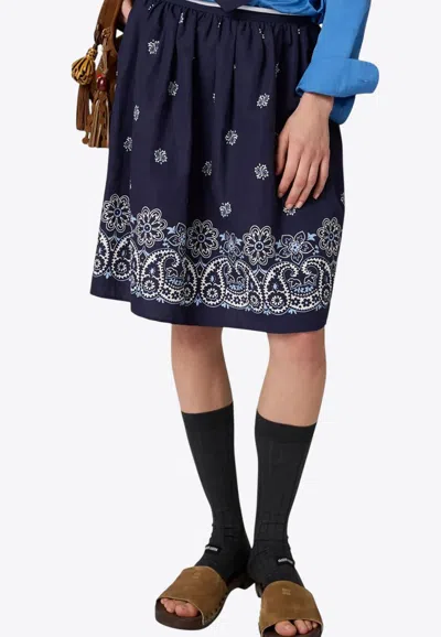 Miu Miu Floral Bordered Gathered Skirt In Blue