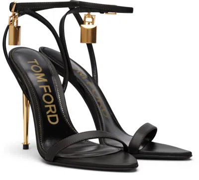 Tom Ford Black Shiny Padlock Pointy Naked Heeled Sandals In Multi