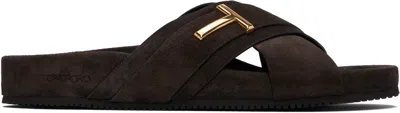 Tom Ford Brown Suede Wicklow T Slides In Brown
