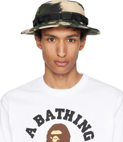 Bape Green & Beige Map Camo Military Bucket Hat In Multi