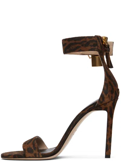 Tom Ford Brown Ocelot-print Suede Padlock Heeled Sandals In Multi