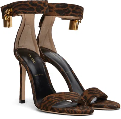Tom Ford Brown Ocelot-print Suede Padlock Heeled Sandals In Multi