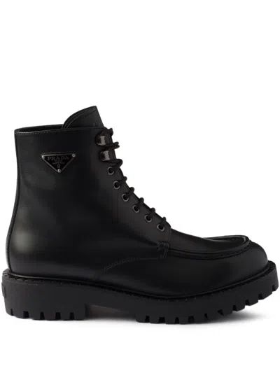 Prada Laced Leather Booties In Black