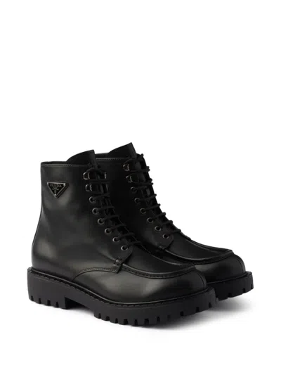 Prada Laced Leather Booties In Black