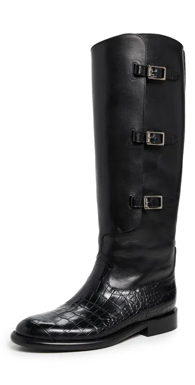 Paris Texas Montana Buckle Boot Low Heels Boots In Black Leather In Animal Print
