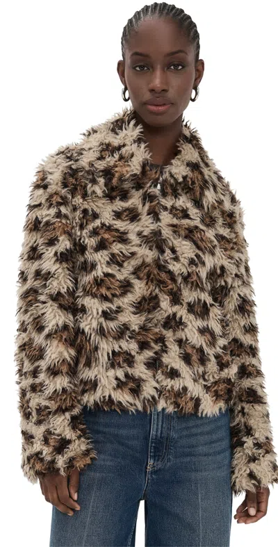 Msgm Leopard Print Faux Fur Coat With Wide Collar In Brown