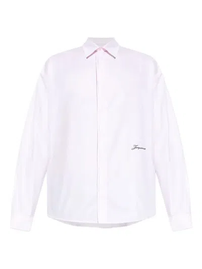 Jacquemus Men Shirt With Embroidered Logo And Herringbone Pattern In White