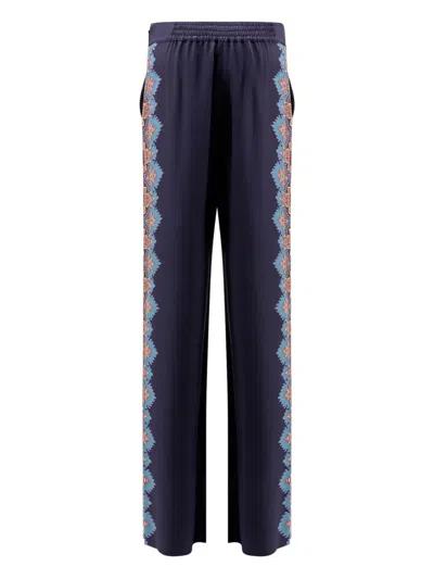 Etro Floral Print Silk Trousers In Blue
