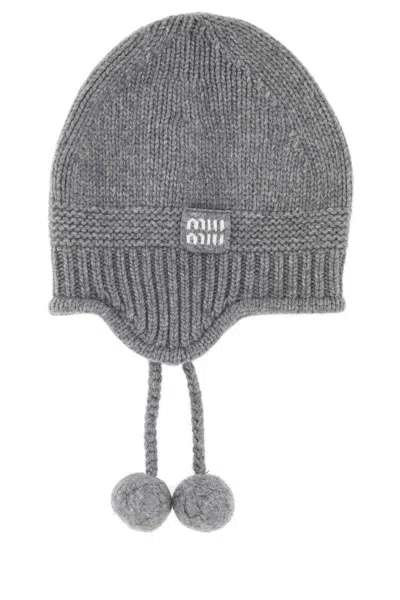 Miu Miu Cozy Knit Beanie Hat With Ear Flaps In Gray