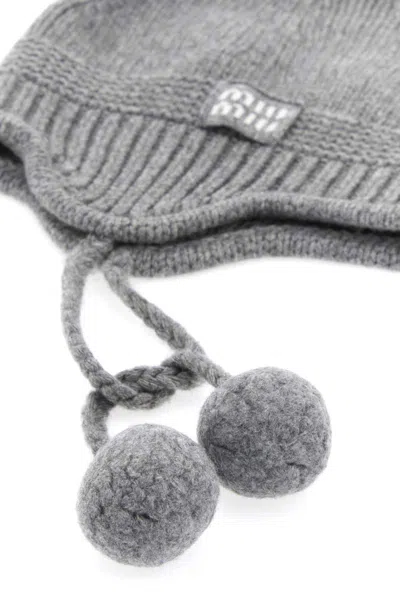 Miu Miu Cozy Knit Beanie Hat With Ear Flaps In Gray