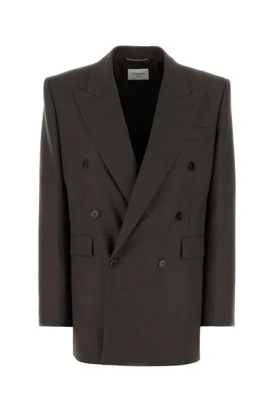 Saint Laurent Wool Blazer With Notched Lapels And Padded Shoulders In Gray