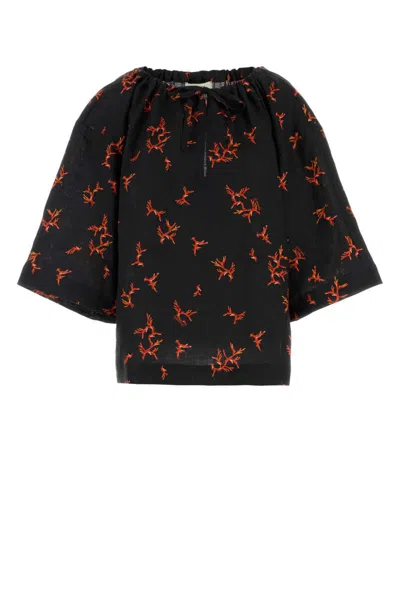 Fendi Floral Print Linen Top With Wide Sleeves In Black