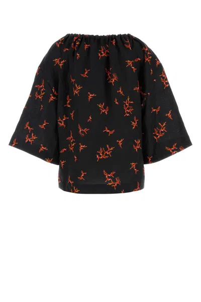 Fendi Floral Print Linen Top With Wide Sleeves In Black