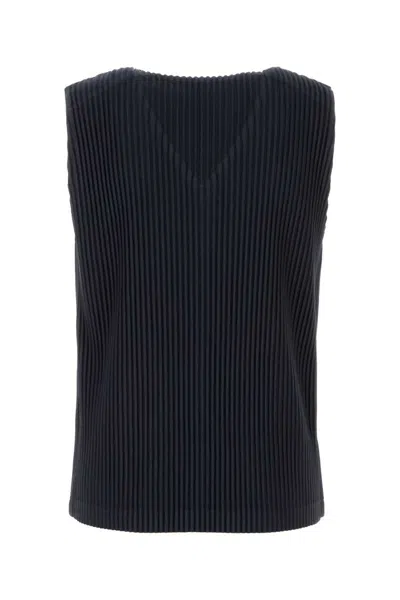 Issey Miyake Tank Top Ribbed Texture Sleeveless V-neckline In Blue