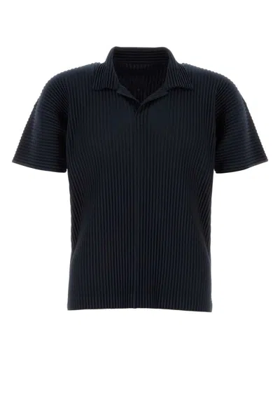 Issey Miyake Pleated Black Polo Shirt With Boxy Silhouette In Blue