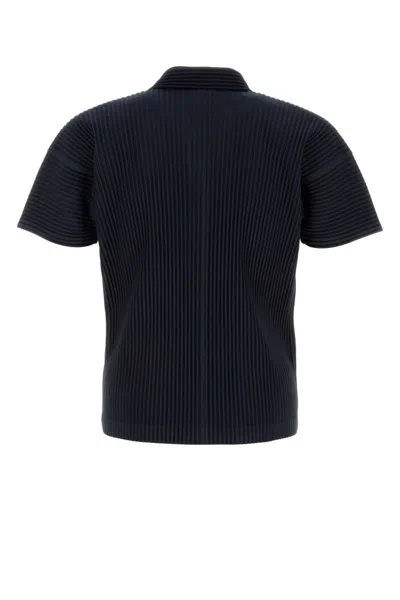 Issey Miyake Pleated Black Polo Shirt With Boxy Silhouette In Blue