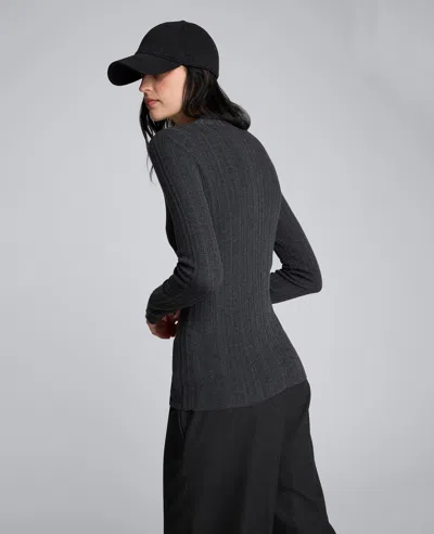 Kenneth Cole Long Sleeve Mock Neck Variegated Rib Top In Black