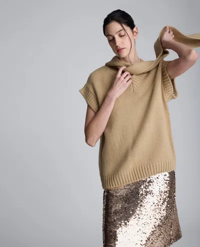 Kenneth Cole Cap Sleeve Sweater With Removable Scarf In Brown