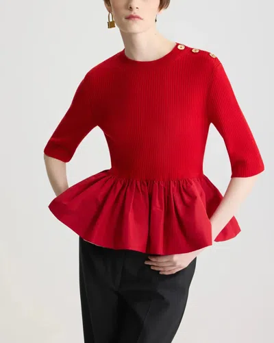 Patou Ruffle Hem Ribbed Jumper In Wool And Faille Clothing In Red